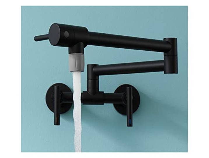 Küchenarmatur, Topffüller Wasserhahn Wandmontage Küchenmischer aus massivem Messing Schwenkauslauf heißes und kaltes Wasser mit Doppelgriff(6)
