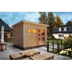 Karibu Saunahaus Skrollan 2 naturbelassen-9 kW Bio-Kombiofen inkl. Huum Wlan Steuergerät mit App-Funktion-Moderne Saunatür (Klarglas) inkl. gratis Zubehörpaket im Wert von 126,96€