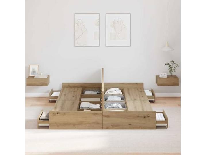 KTHLBRH Boxspringbett 135 x 190 cm Eiche handwerklich Massives Kiefernholz, integrierte Schubladen, Kopfteil im Lieferumfang enthalten, maximale Belastung 200 kg