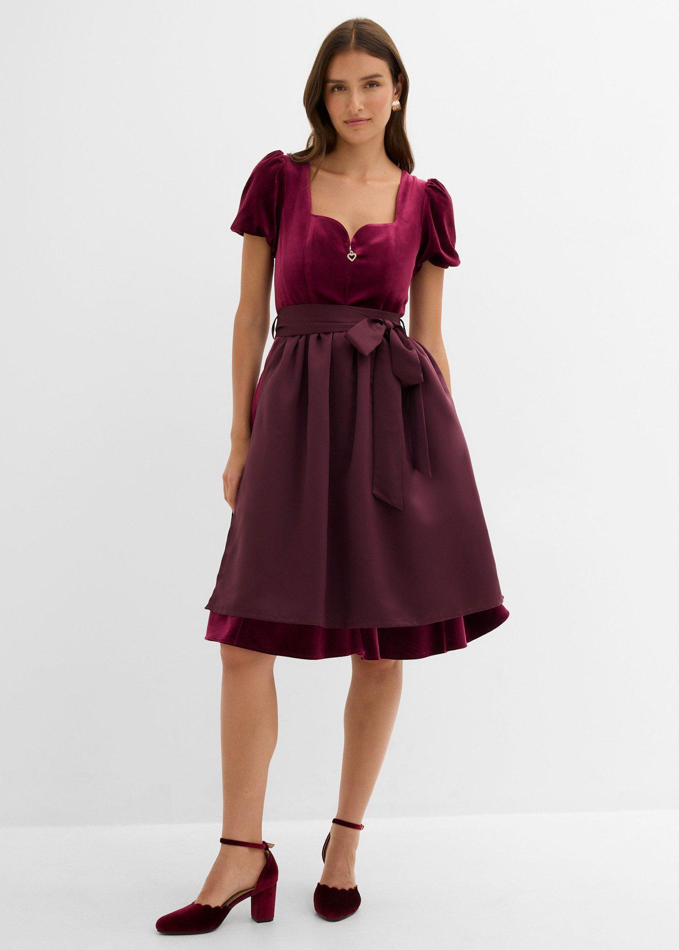 bonprix Dirndl und Schürze (2-tlg.Set), rot, Gr.40, Modern und feminin: Dirndl aus Samt mit herzförmigen Ausschnitt und Ballonärmel sowie einer Schürze aus glänzendem Satin