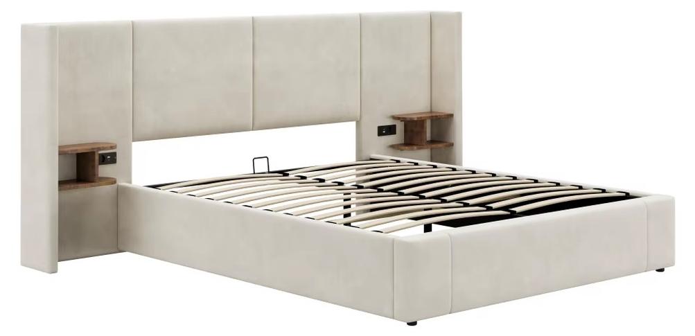 Bett - Stauraumbett - 160 x 200 cm - Samt - Hydraulischer Hebemechanismus - Integrierte USB-Anschlüsse und Steckdosen - 2 Nachttische mit Stauraum - Beige