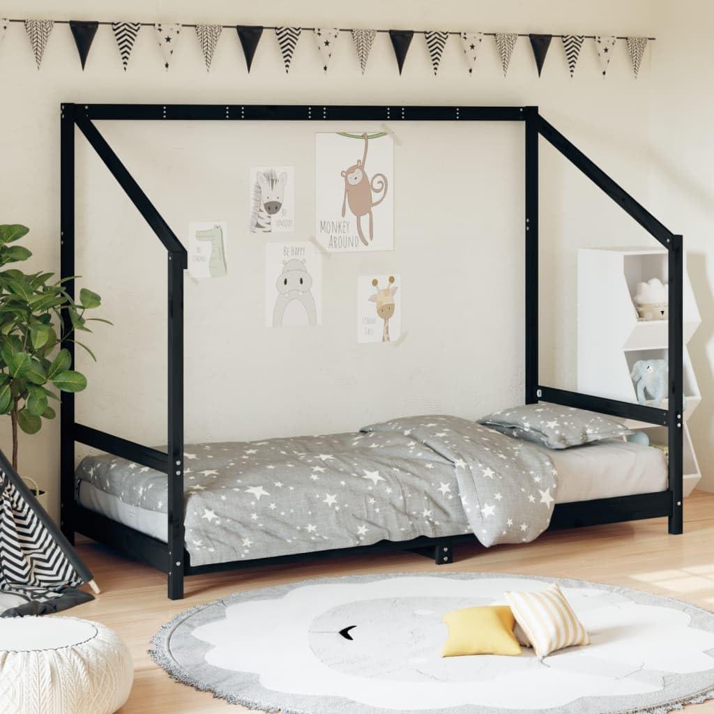 Schwarzer Kinderbettrahmen aus massivem Kiefernholz 90x190 cm mit Lattenrost und einfacher Montage für Schlafzimmer, Hotels und Wohnheime