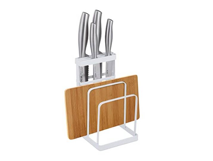 Relaxdays 2 in 1 snijplanken- & messenhouder, metaal, voor ontbijtplankjes, borden, snijplanken, aanrecht organizer, wit