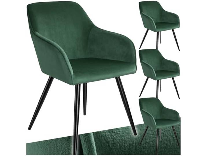 tectake® 4er Set moderner Esszimmer Stuhl, Sitzfläche aus Samt, Armlehnstuhl, Sessel Wohnzimmer, gepolsterter Bürostuhl mit schwarzen Metallbeinen, Schminktisch Stuhl - dunkelgrün/schwarz