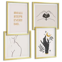 BILDER SET 4er Set - 50x50 cm & 40x60 cm Goldrahmen - Minimalistische Boho-Illustrationen