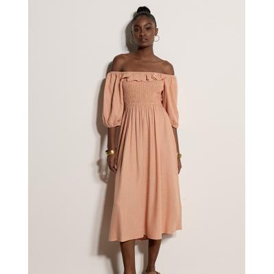 Maxikleid APRICOT "Langes Kleid mit Bardot-Ausschnitt", Damen, Gr. S (36), N-Gr, orange (peach), gewebt, Obermaterial: 83% Viskose CV. 17% Leinen LI., uni, Puffärmel, Kleider Maxikleid, mit Raffungen
