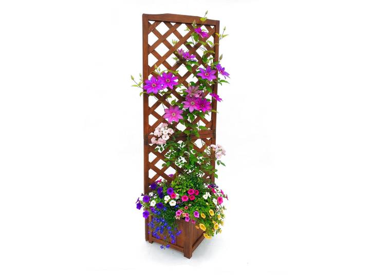 Relaxdays Pflanzkasten Braun Tannenholz mit Rankgitter 180 cm, Holz, Textil, 55x180x51 cm, Dekoration, Blumen & Blumentöpfe, Übertöpfe