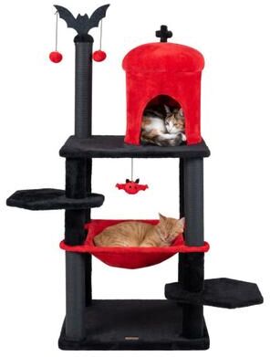 Costway 51” Gothic Multi-level Cat Tree with Spider Hanging Toy for Black Halloween-Red