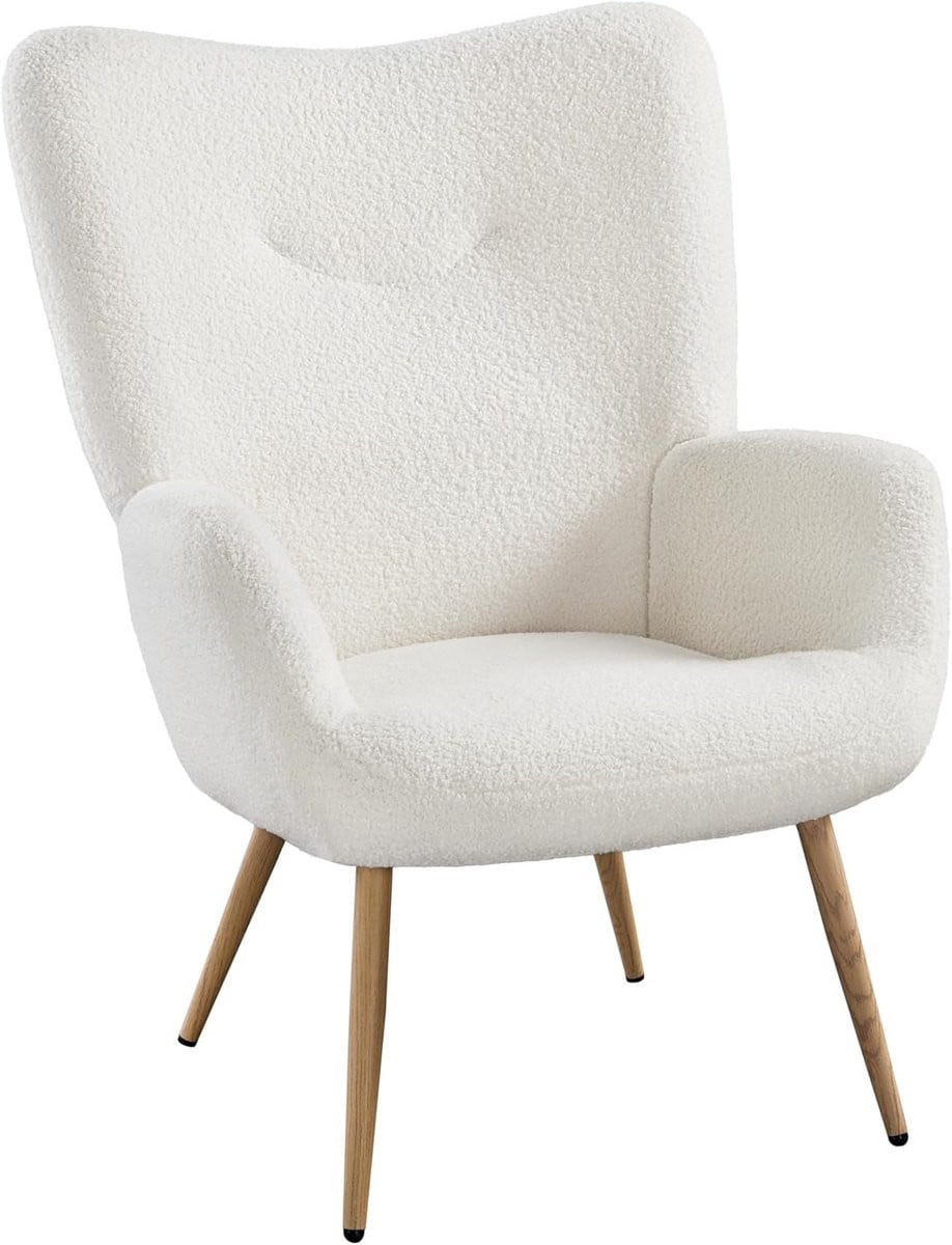 Moderne teddypluche lounge stoel met houten poten