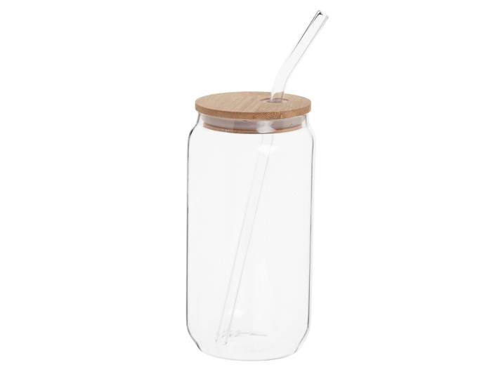 Glasbecher mit Strohhalm und Holzdeckel
