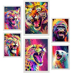 POSTER Set Mit 6 Wilde Tiere Im Hochformat Lebhafte Aquarell Stil Illustrationen Von Lächelnde Tiere Innenarchitektur A3 & A4 Weißer Rahmen