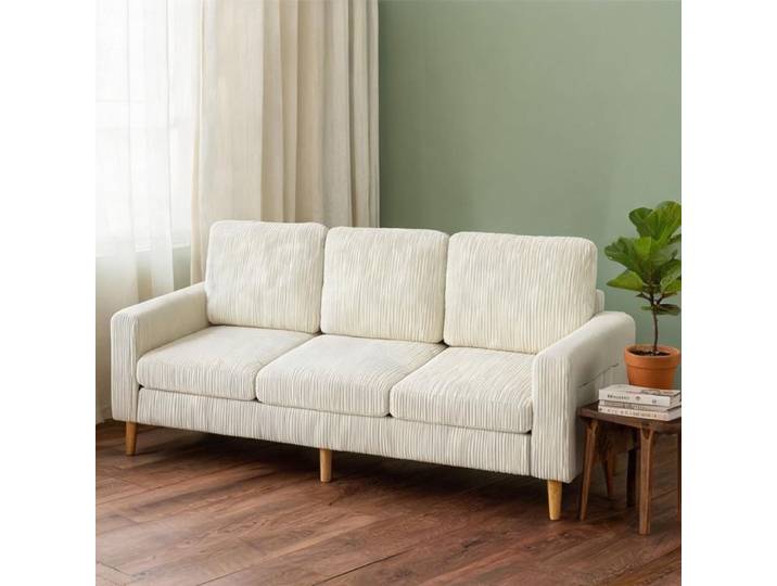 Canapé beige 3 places en velours côtelé - Coussins ressorts design moderne 192 cm