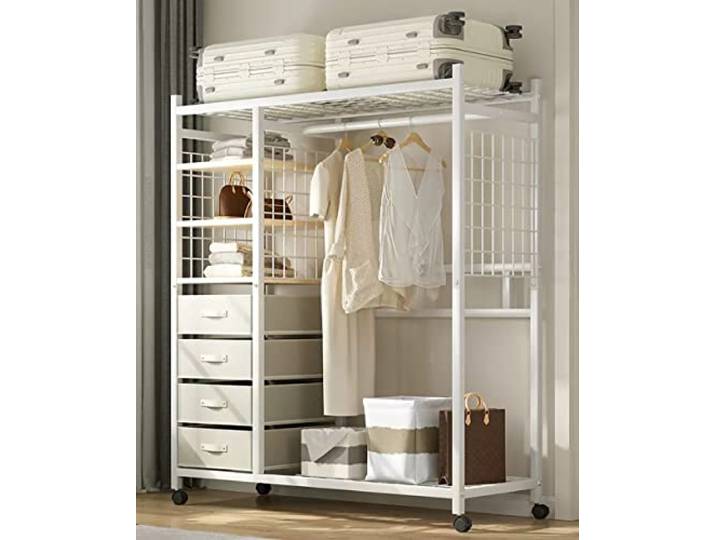 Kleiderständer Auf Rollen Metall Garderobenständer Offener Kleiderschrank Freistehender Kleiderbügel Schlafzimmer Mit Unterem Lagerregal, Bis 100kg Belastbar, 118X40X165cm