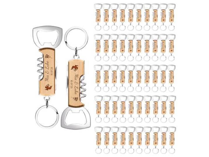 50 Stück Personalisierter Flaschenöffner Schlüsselanhänger Holz mit Beidseitige Gravur Korkenzieher Geschenk für Weihnachten Geburtstag Jubiläum Hochzeit