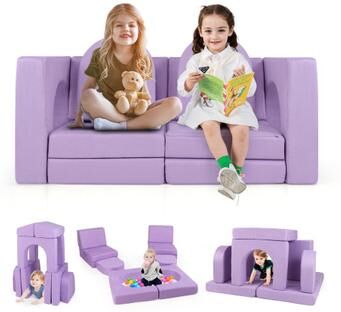 Costway 8-Piece Modular Kids Play Couch with Comfy Suede Fabric-Purple