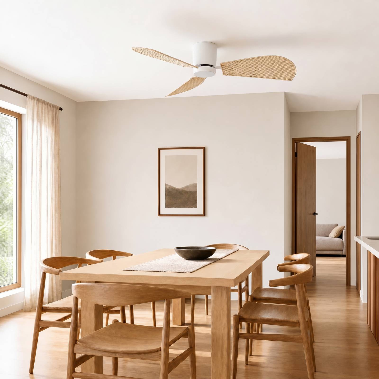 Lucande LED-Deckenventilator Faipari, weiß/Rattan, DC, 132cm Faipari, weiß / opal, für Wohn- / Esszimmer, Holz, Modern