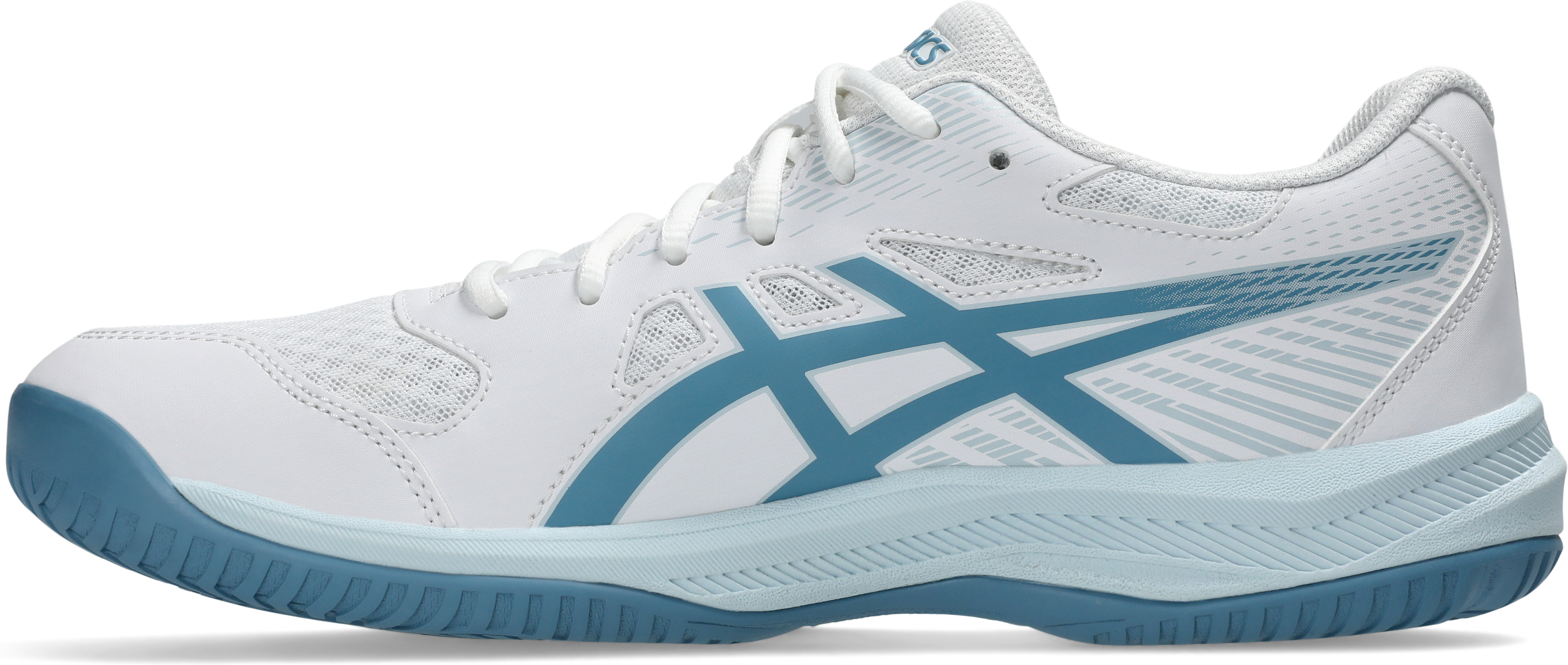Hallenschuh ASICS "UPCOURT 6", Herren, Gr. 48, weiß, saba blau, Textil, Schuhe Hallenschuh, besonders geeignet für Handball und Volleyball