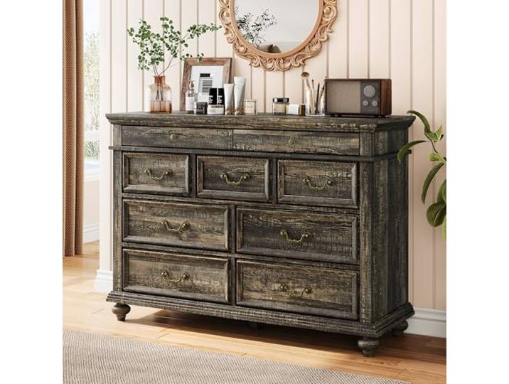 Niwugady Kommode im Landhausstil mit 9 Schubladen, Rustikaler Holz-Schubladenschrank 120 x 40 x 87cm, Stabil Vielseitige Aufbewahrung & Schmuckablage mit Vintage-Metallgriffen, Ideal für Schlafzimmer