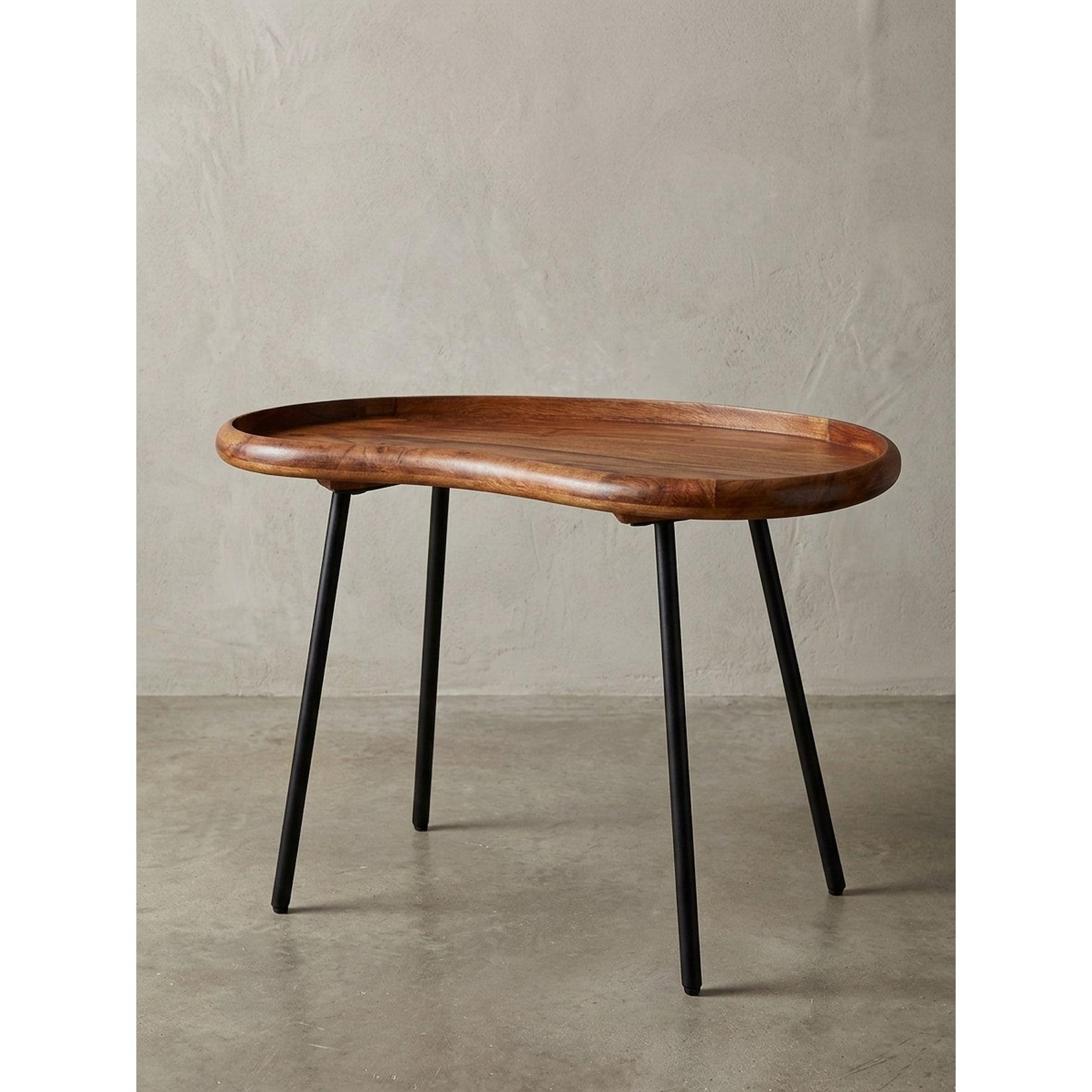 Couchtisch in Nierenform aus Massivholz mit Metallbeinen, Dunkelbraun 40x71x51 cm