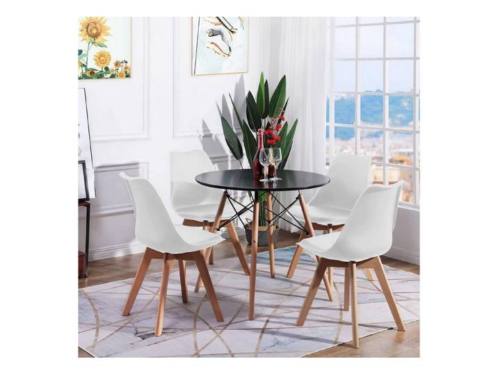 LuxusKollektion Esstisch Esstisch rund Schwarz 4 Stühle Schwarzer MDF-Tisch 4 Blanc Chaises (1-St)