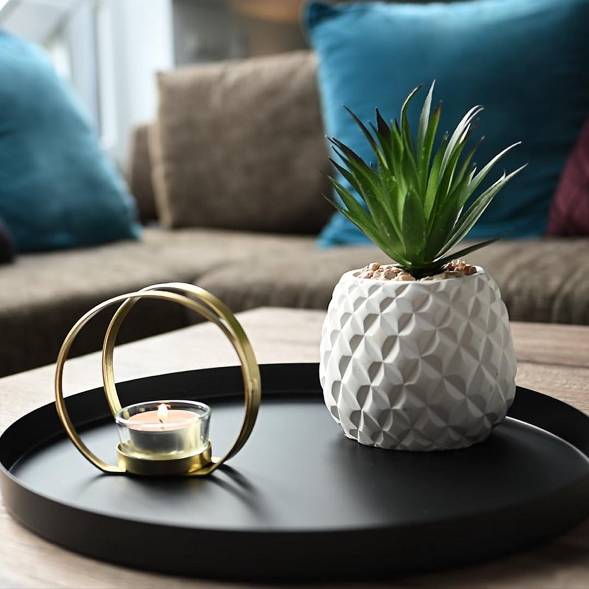 Ronde Decoratieve Schaal Zwart - Metalen Serveerschaal en Adventkranshouder - 40 cm