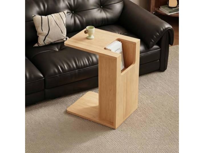 C-förmiger Beistelltisch aus Massivholz mit Offener Ablage, Platzsparend Platzsparender Beistelltisch Couch in C-Form mit offener Ablage für Sofa, Bett, Wohnzimmer, Schlafzimmer und kleine Räume