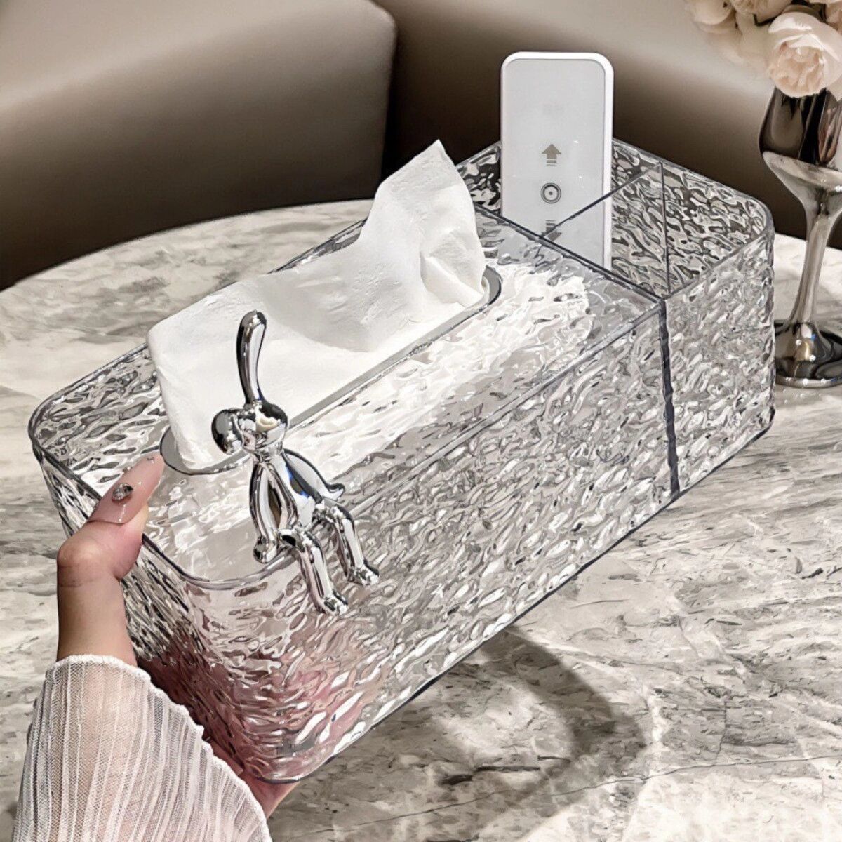 INF Taschentuchbox im Wasserwellen-Kaninchen-Stil – Gletscherwellen-Design, Transparentgrau ASB, breite Öffnung mit