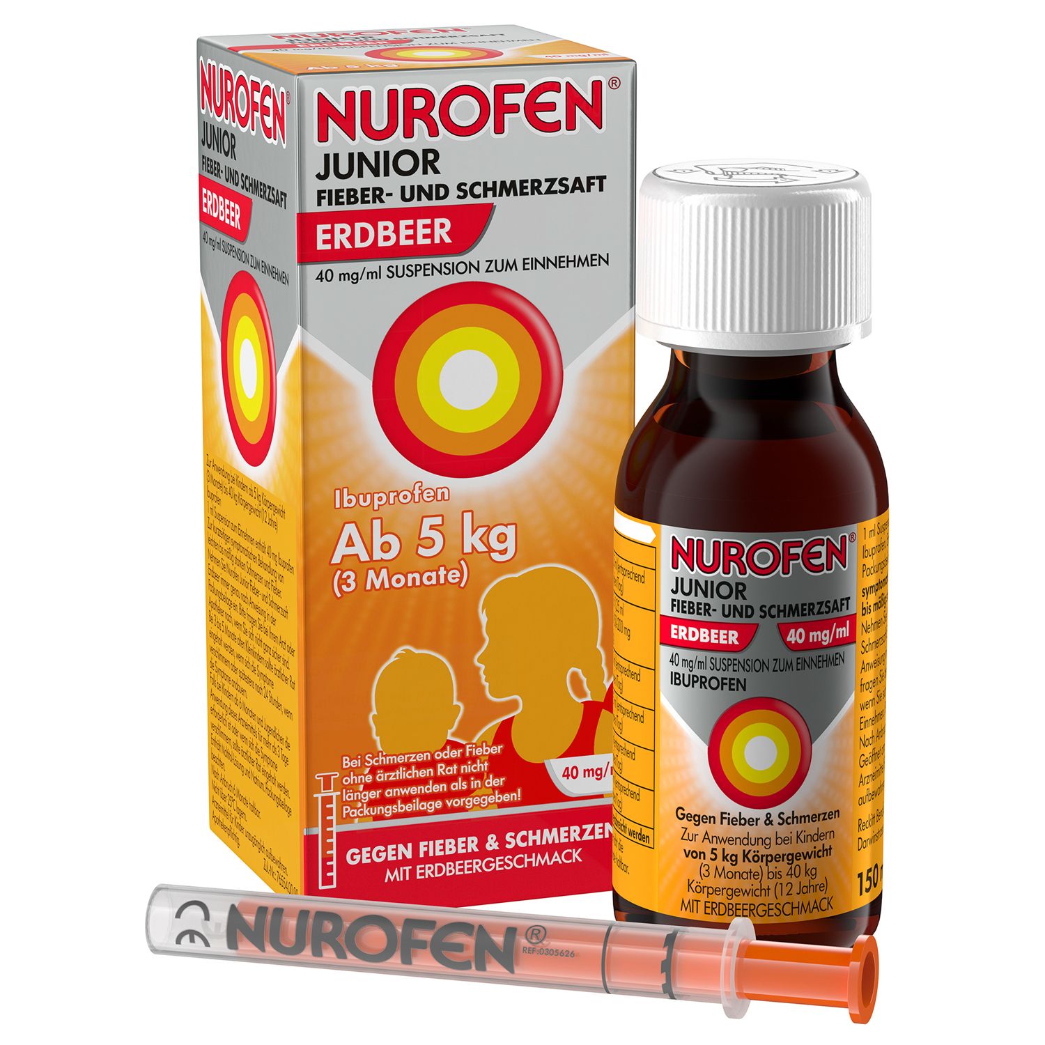 Nurofen Junior Fieber-u.Schmerzsaft Erdbe.40 mg/ml 150 ml Suspension zum Einnehmen