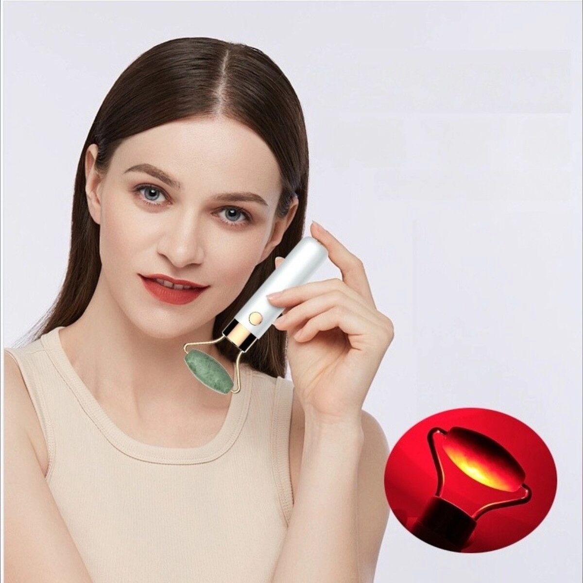INF Elektrischer Jade-Gua-Sha-Gesichtsroller mit rotem und blauem Licht für Gesicht und Augenbereich