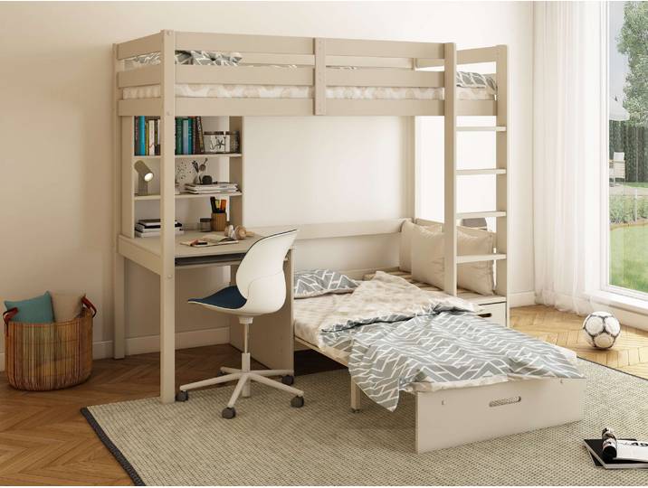 Etagenbett GOODPRODUCT HENNE' TOPSELLER Hochbett, Ideal für kleine Räume, 2 Schlafplätze , beige (cashmere), B:207,6cm H:180cm, Etagenbetten, Etagenbett, mit Polsterauflagen, Schreibtisch, Stauraum, seitenverkehrt montierbar