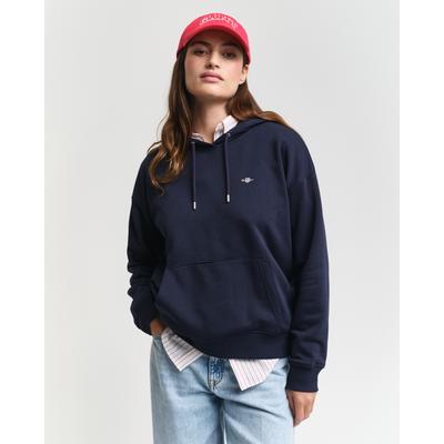 Hoodie GANT "SHIELD HOODIE", Damen, Gr. XL, blau (evening blau), Sweatware, Obermaterial: 78% Baumwolle, 22% Polyester, Rippbündchen, Sweatshirts Hoodie, Grafische GANT-Stickerei auf der Brust