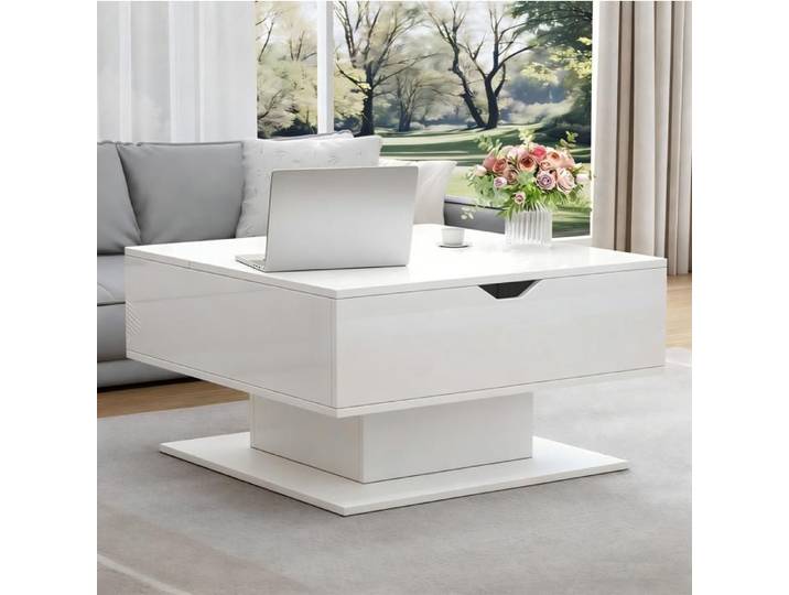 Table Basse Relevable Blanche Table De Salon LED FloraGrace Pour Salon Avec Rangement Cache 80x75x40cm