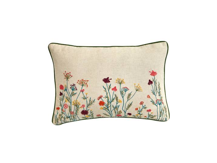 Coussin rectangulaire coton lin broderie fleurie - Blancheporte