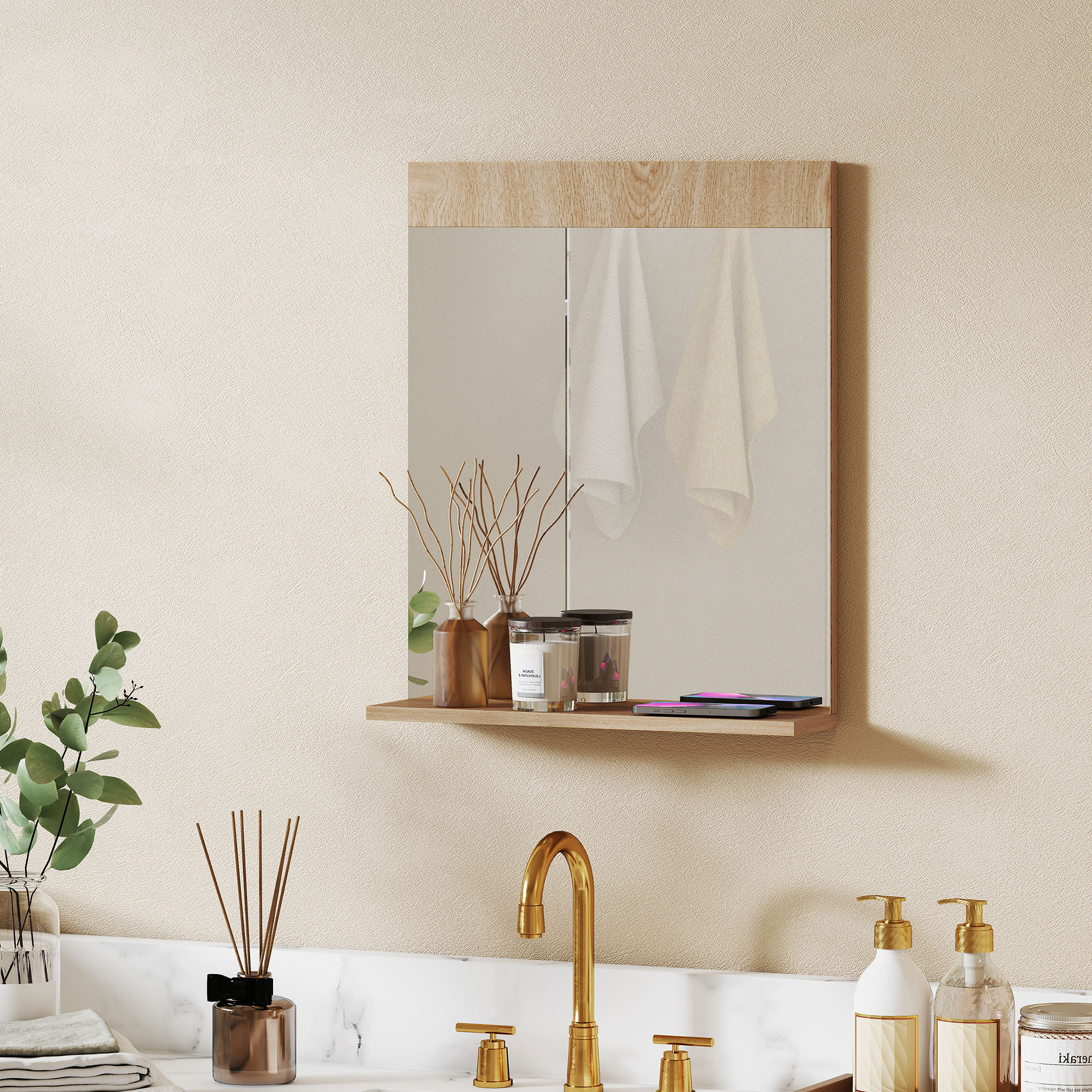 Homcom Specchio da bagno da parete con mensola, 50x12x60 cm, rovere   Aosom Italy