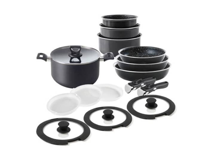 QDESIGN 16-teiliges Antihaft-Kochgeschirr-Set – Töpfe, Pfannen, Suppentopf, luftdichte Deckel, abnehmbare Griffe – Aluminium – für Induktion und Spülmaschine geeignet – Stapelbar – Schwarz
