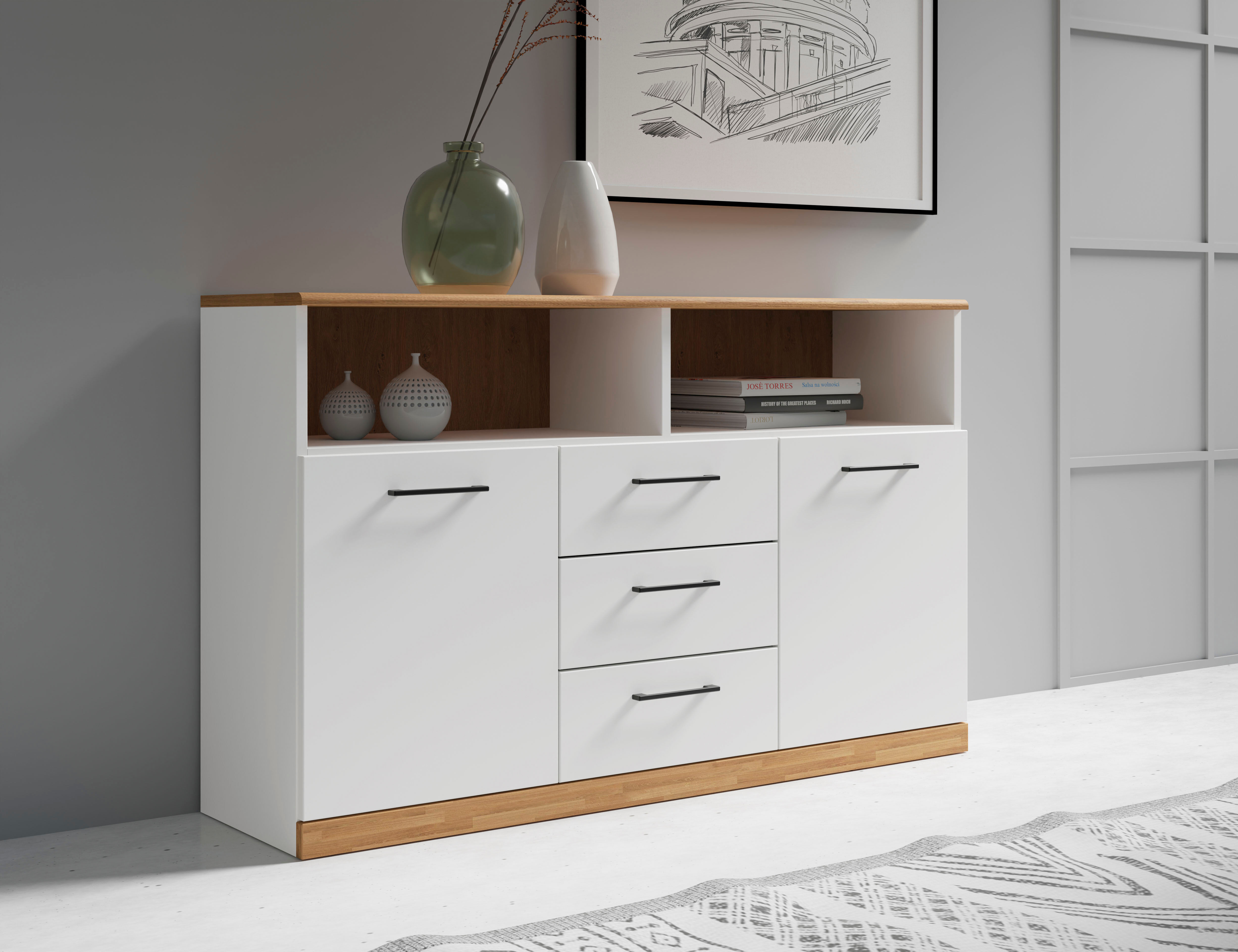 Sideboard GOODPRODUCT "Ribe,130cm breit,80cm hoch,Oberplatte Holz massiv,6 Fächer", weiss (weis, eiche), B:130cm H:80cm T:35cm, Sideboards, Sideboard, Oberplatte Eiche massiv,schwarze Metall Griffe weis, eiche B/H/T: 130cm x 80cm x 35cm, 3 Stk., Eiche, 2 