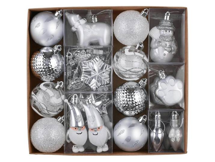 Christbaumkugeln 40-teiliges Set Silber Weiß, Silberfarben, Kunststoff, 9x9x9 cm, Dekoration, Weihnachtsdekoration, Christbaumschmuck, Christbaumkugeln