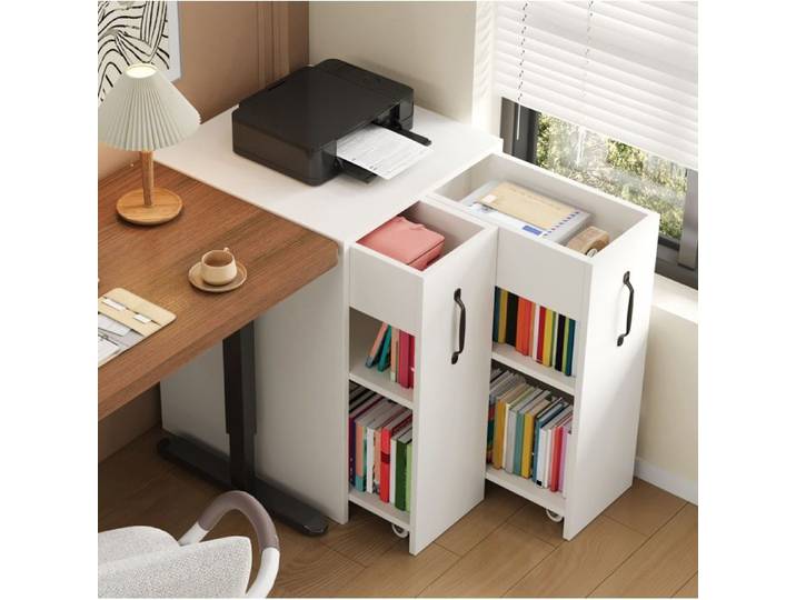 Meuble de rangement mobile blanc à roulettes bibliothèque compacte 52x50x75 cm 1 tiroir 2 étagères VEVXYN