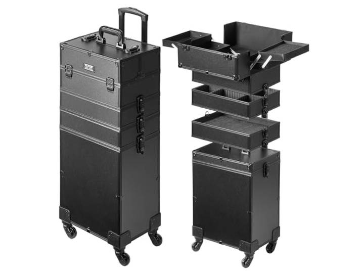 VEVOR Mallette de Maquillage à roulettes 5en1 Valise de Rangement Aluminium Boîte Trousse Maquillage Professionnelle Voyage Roues Pivotantes 360° Tige de Traction Réglable Cadeau de Maquillage\, Noir