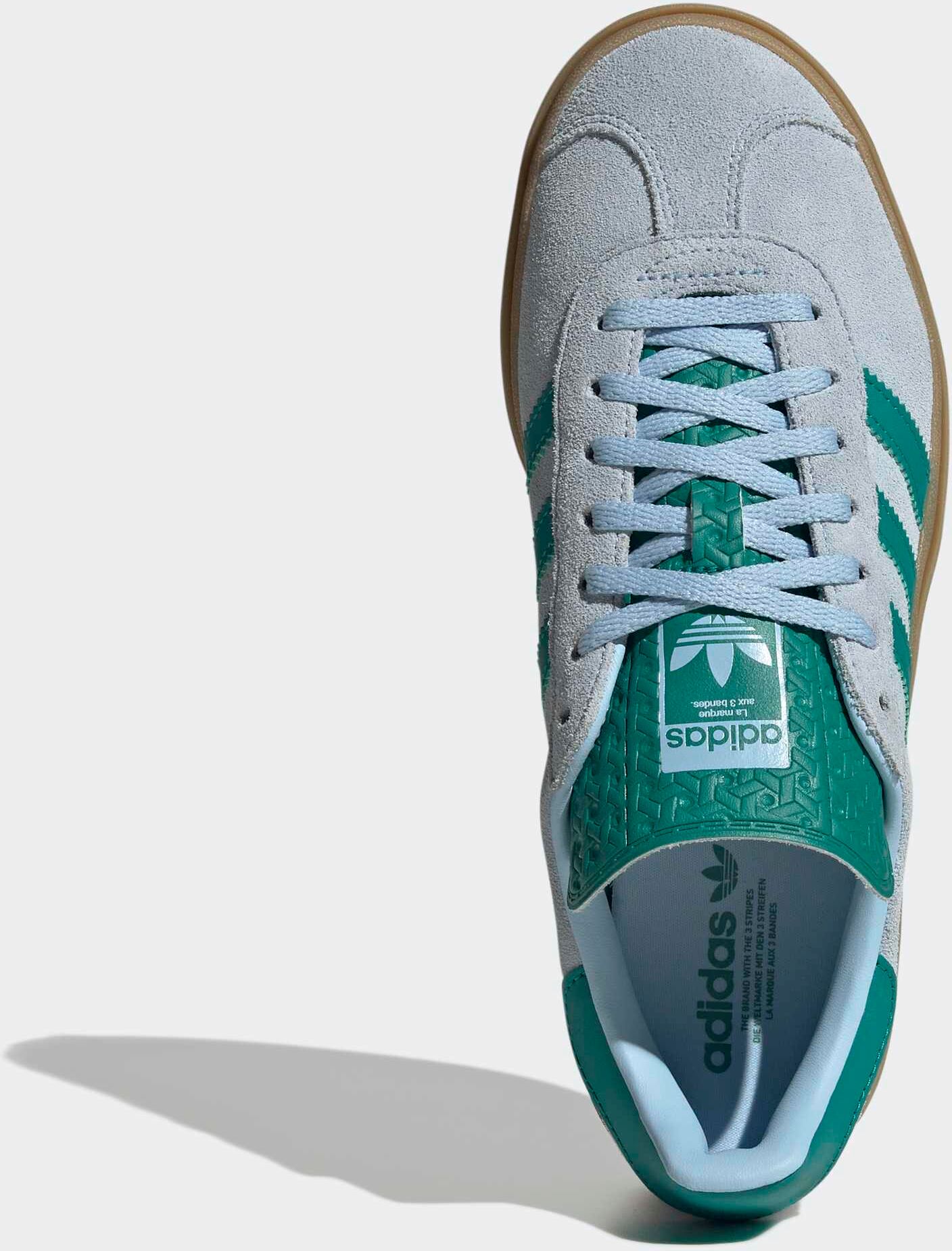 Plateausneaker ADIDAS ORIGINALS "GAZELLE BOLD", Damen, Gr. 38,5, clear sky, equipment grün, gold metallic, Leder, Synthetik, Schuhe Plateausneaker clear sky, equipment grün, gold metallic 38,5