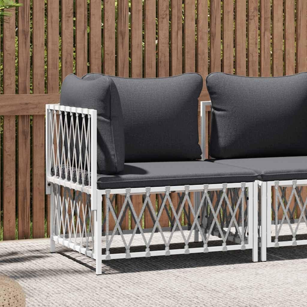 Weißes Garten-Ecksofa 72x72x66 cm mit grauen Kissen, modulares Outdoor-Sofa aus robustem Gewebe und Stahlrahmen für Balkon, Garten und Terrasse