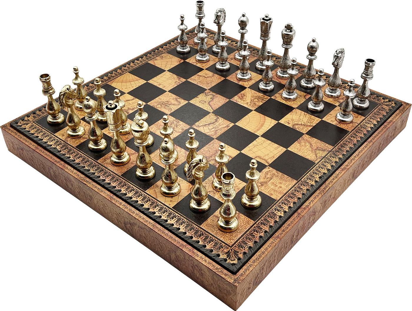 Italienische Schachfiguren Arabesque + Schachbrett Kunstleder Weltkarte 48