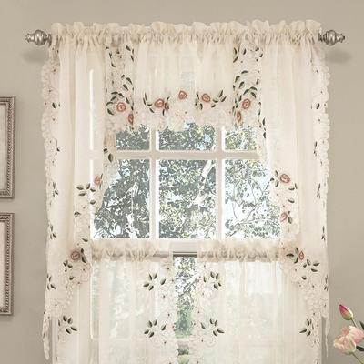 Sweet Home Collection Rosemary Linen Embroidered Kitchen Curtains - Swag, Tier & Valance