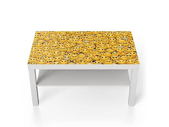 DEQORI Glastisch weiß groß 90x50 cm Motiv Vielzahl von Smileys ausgefallener Beistelltisch aus Glas Hochglanz Couchtisch fürs Wohnzimmer moderner Couch Tisch mit Design