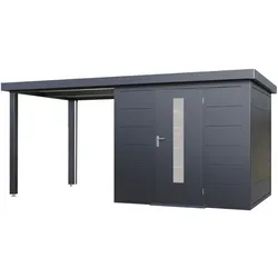 Wolff Finnhaus Premium Metall Gartenhaus Thorin 4824 Anthrazit inkl. 240 cm Anbaudach Lounge-Anbau links