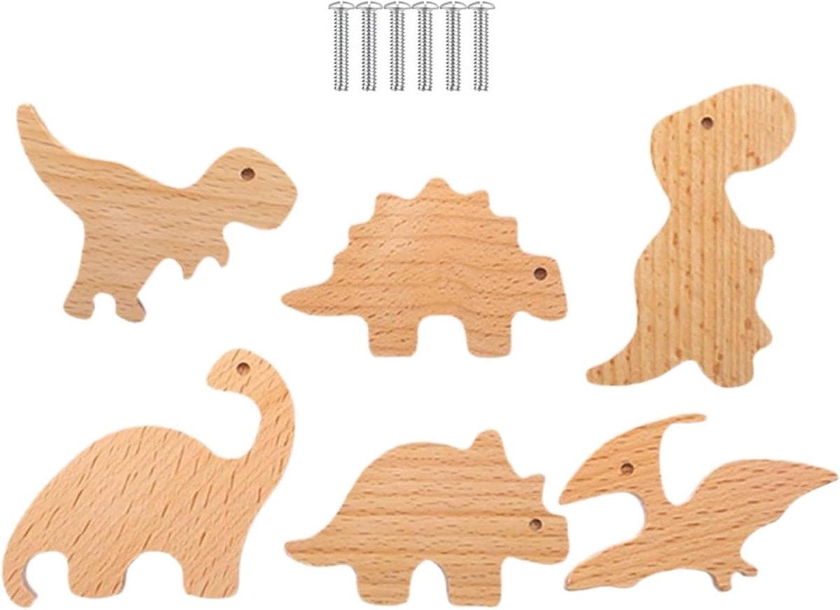 Set van 6 houten dinosaurus lade knoppen voor kinderkamer decoratie - Houtkleur
