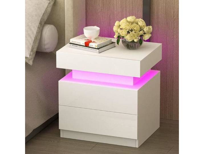 Table de Chevet Blanche LED - LDSZXNE - Table de Nuit - Moderne deux Tiroirs LED RGB - 45x35x52 cm
