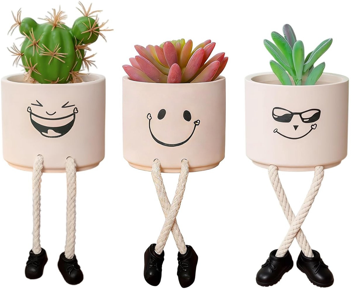 Omgoods Bloempot met glimlachend gezicht voor hangplanten en vetplanten - Zacht Morandi-roze - Voor binnen en buiten