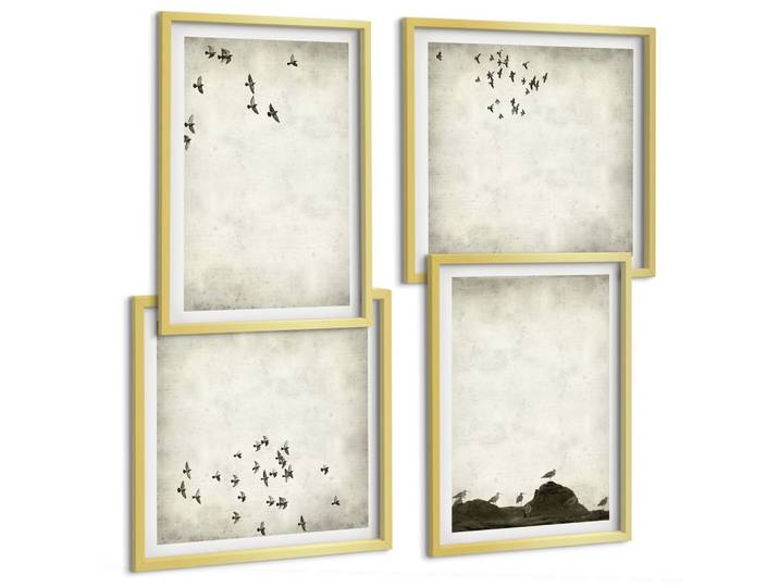 BILDER SET 4er Set - 50x50 cm & 40x60 cm Goldrahmen - Minimalistische Vogelmalerei