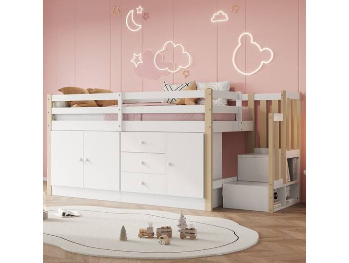 Lit superposé enfant blanc 90x200 avec escalier tiroirs 2 placards penderie multifonction sans matelas